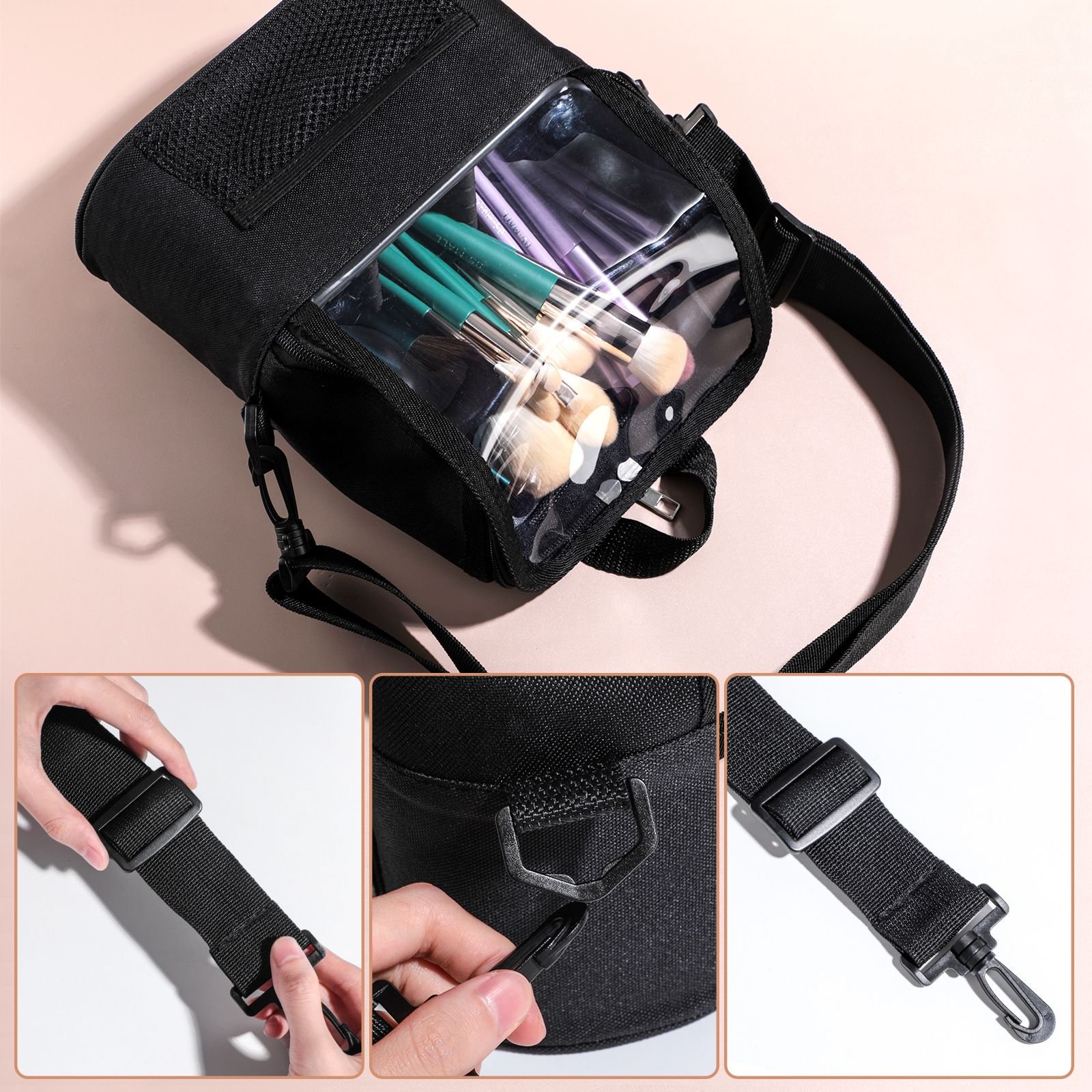 Custom Black Multifunction Pockets Women Cosmetic Travel Makeup Bag Brush Holder Transparent Makeup Bag Custom Makeup Brush Bag