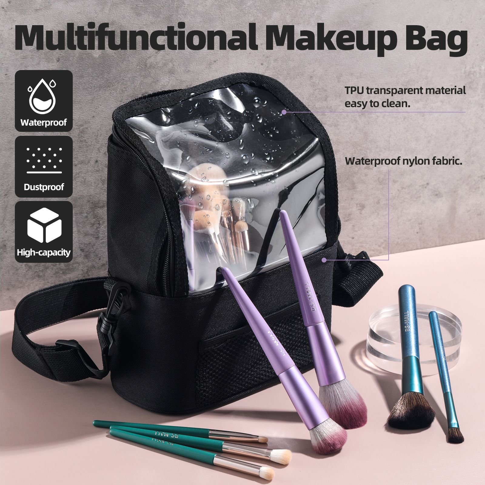 Custom Black Multifunction Pockets Women Cosmetic Travel Makeup Bag Brush Holder Transparent Makeup Bag Custom Makeup Brush Bag