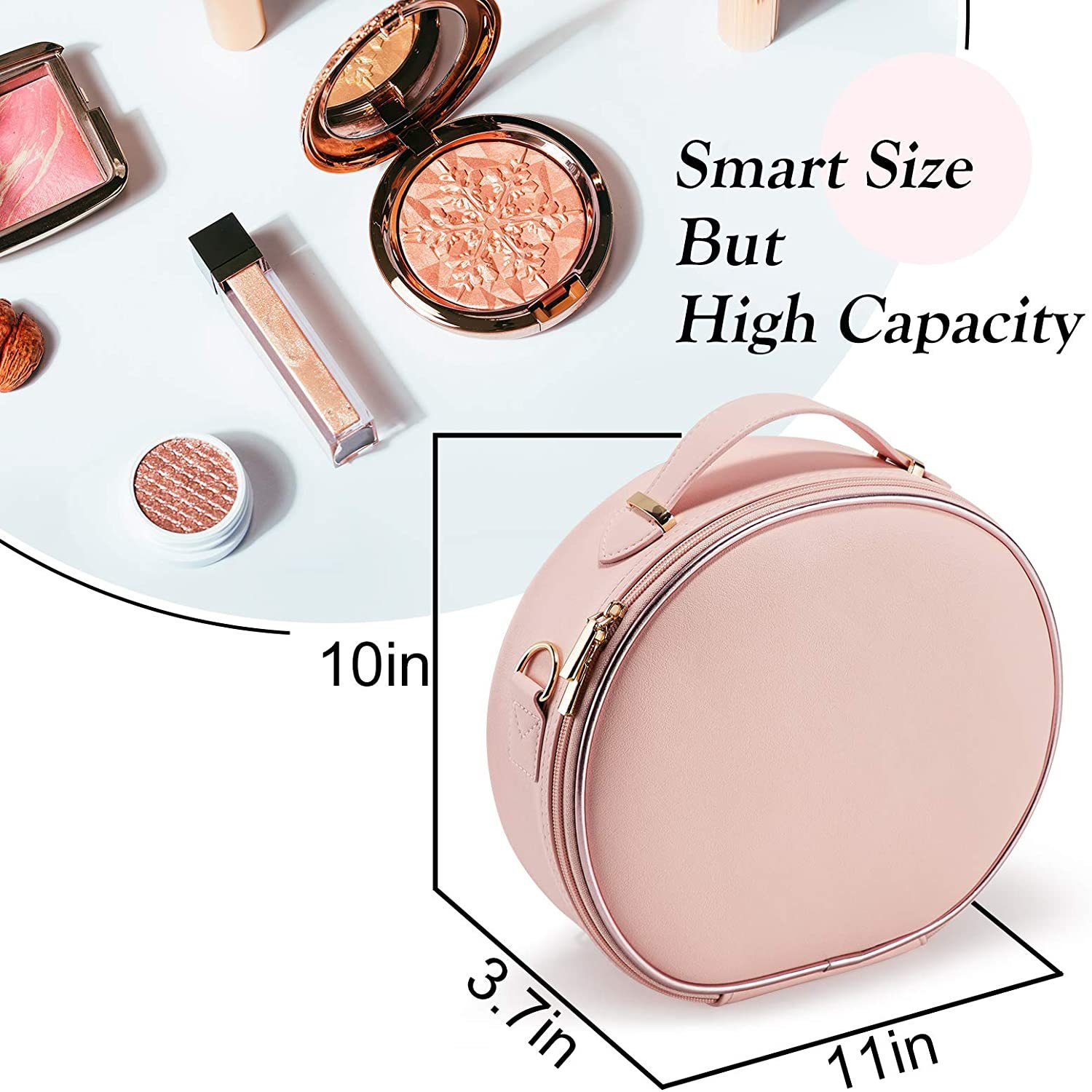 Luxury High Quality Genuine Leather Cosmetic Bag Round Makeup Bag for Lady Portable Travel Makeup Train Case