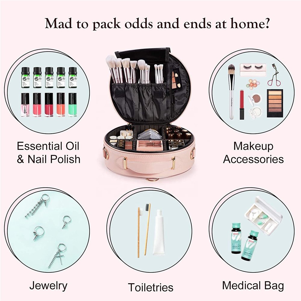 Luxury High Quality Genuine Leather Cosmetic Bag Round Makeup Bag for Lady Portable Travel Makeup Train Case