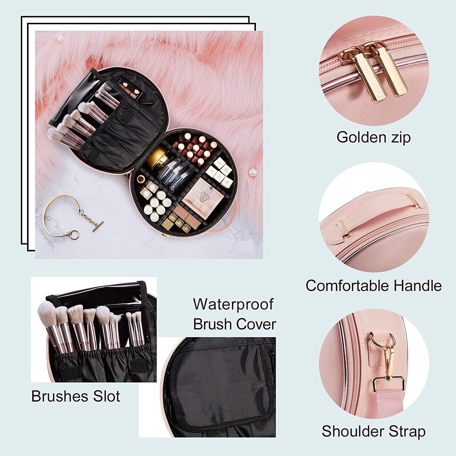 Luxury High Quality Genuine Leather Cosmetic Bag Round Makeup Bag for Lady Portable Travel Makeup Train Case