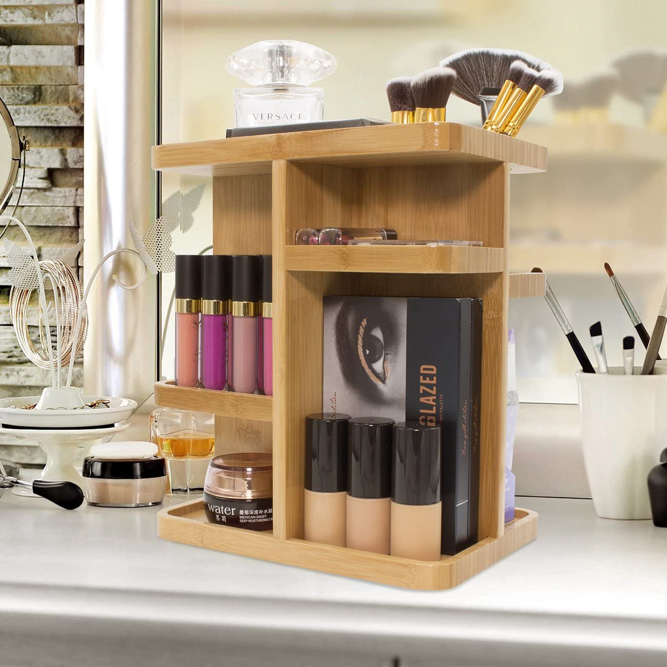 Rotating Bamboo Cosmetic Organizer Multi-Function Storage Carousel for Makeup Toiletries for Vanity, Desk Bathroom, Bedroom,