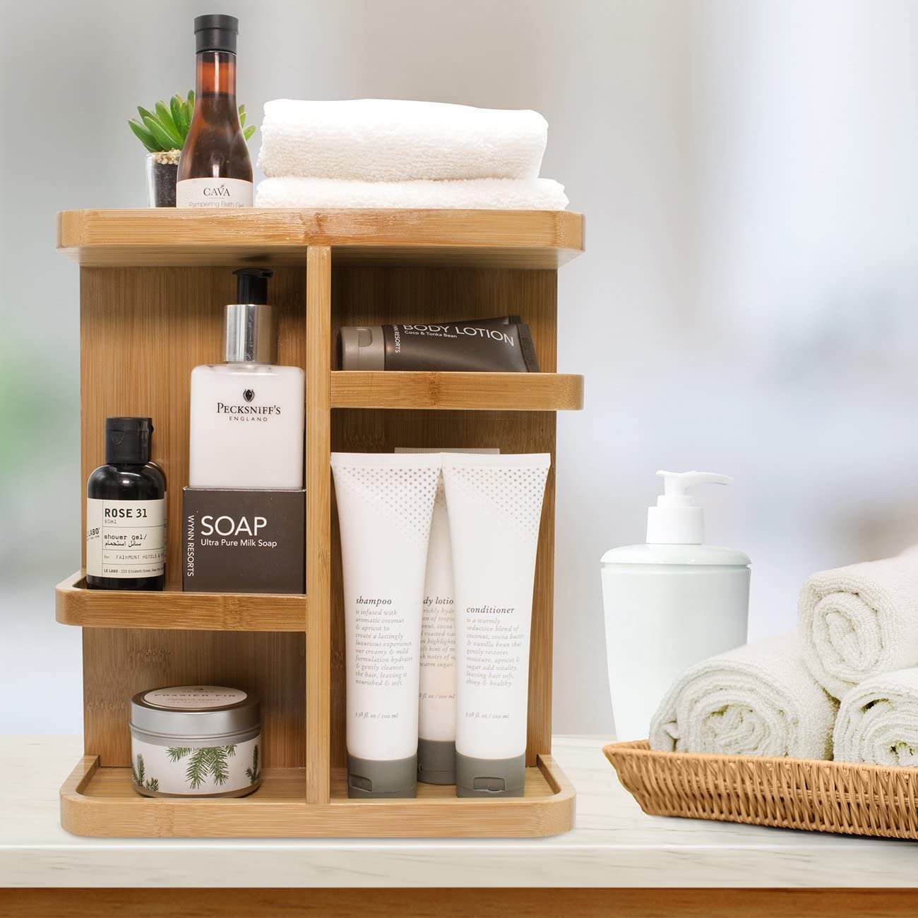 Rotating Bamboo Cosmetic Organizer Multi-Function Storage Carousel for Makeup Toiletries for Vanity, Desk Bathroom, Bedroom,