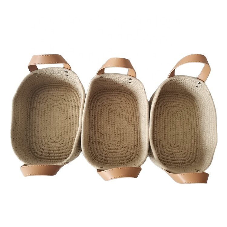 Small Rope Basket for Organizing Jute rope Storage basket Bin with leather handle