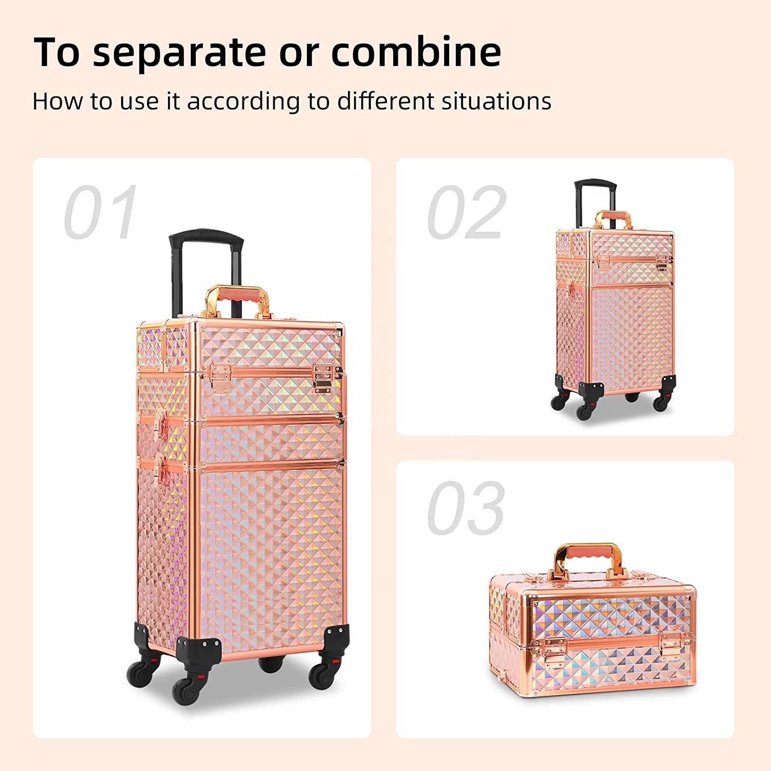 Rolling Makeup Case 3 in 1,Professional Makeup Train Case organizers,Large Storage Cosmetic case Trolley