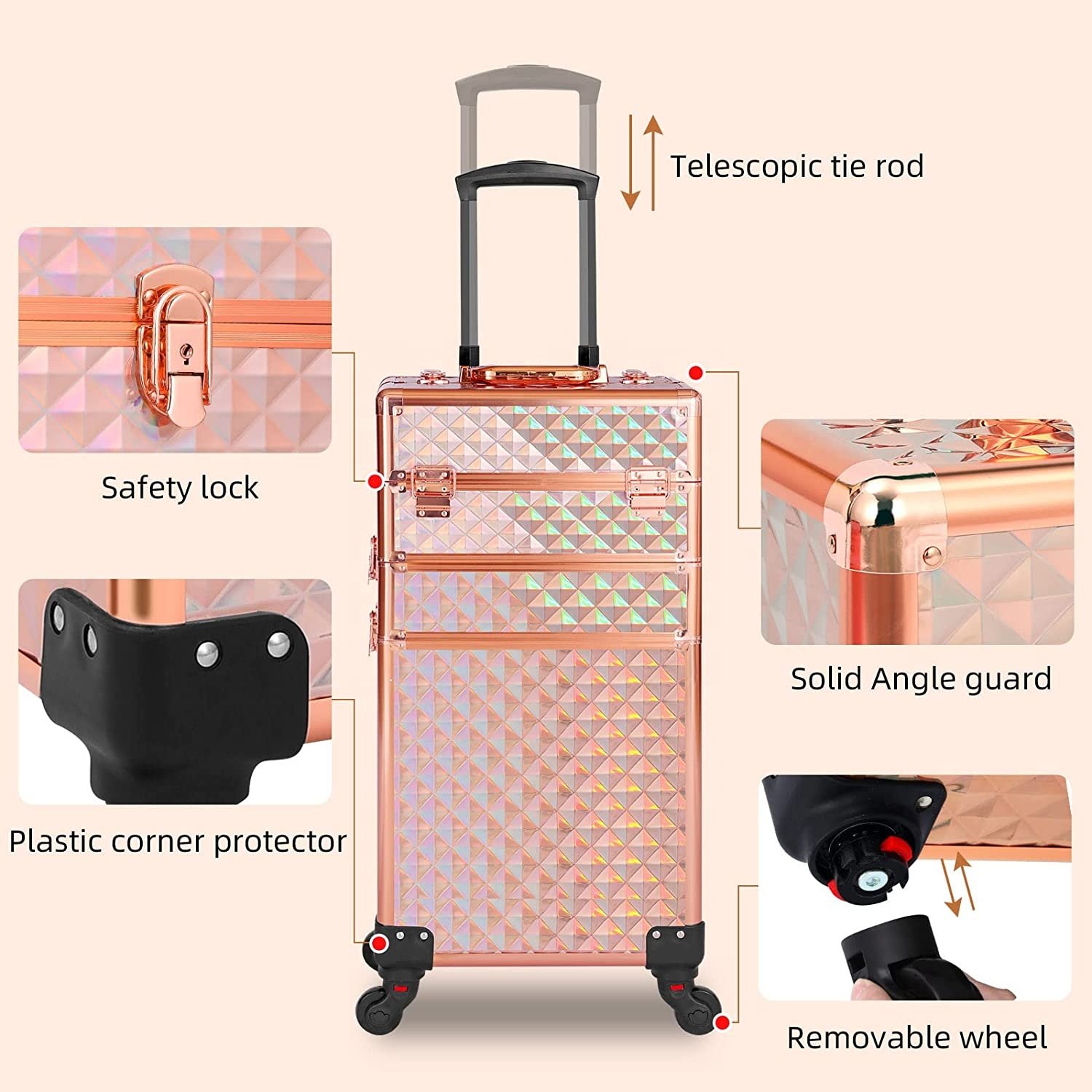 Rolling Makeup Case 3 in 1,Professional Makeup Train Case organizers,Large Storage Cosmetic case Trolley