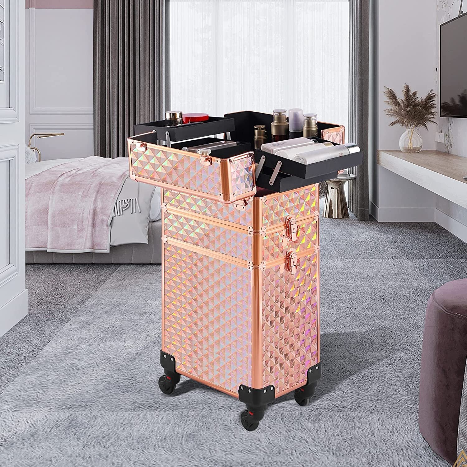 Rolling Makeup Case 3 in 1,Professional Makeup Train Case organizers,Large Storage Cosmetic case Trolley