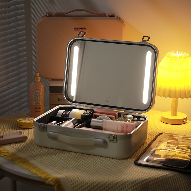 Travel PC Makeup Bag Case With Led Light Mirror Waterproof Adjustable Light Cosmetic Organizer Professional Makeup Case