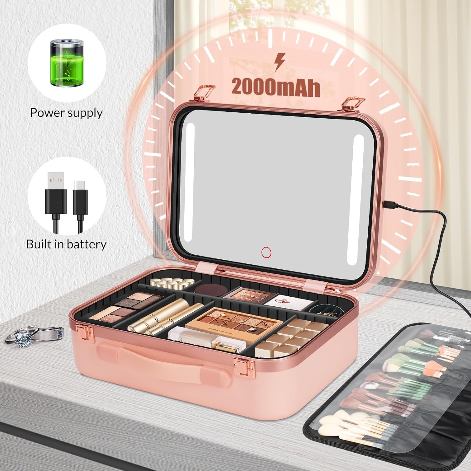 Travel PC Makeup Bag Case With Led Light Mirror Waterproof Adjustable Light Cosmetic Organizer Professional Makeup Case