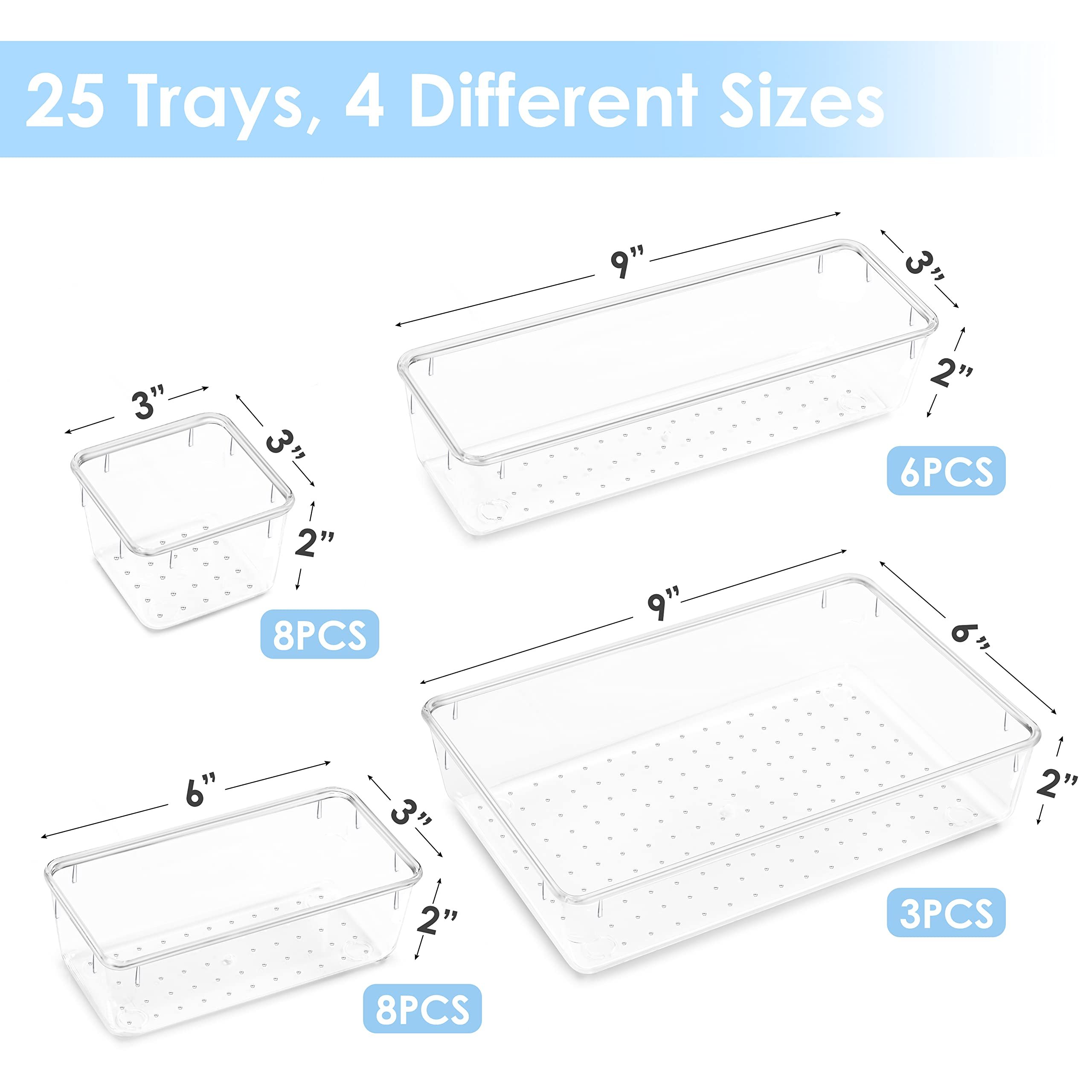 25 PCS Clear Plastic Drawer Organizers Set, 4-Size Versatile Bathroom and Vanity Drawer Organizer Trays, Storage Bins for Makeup