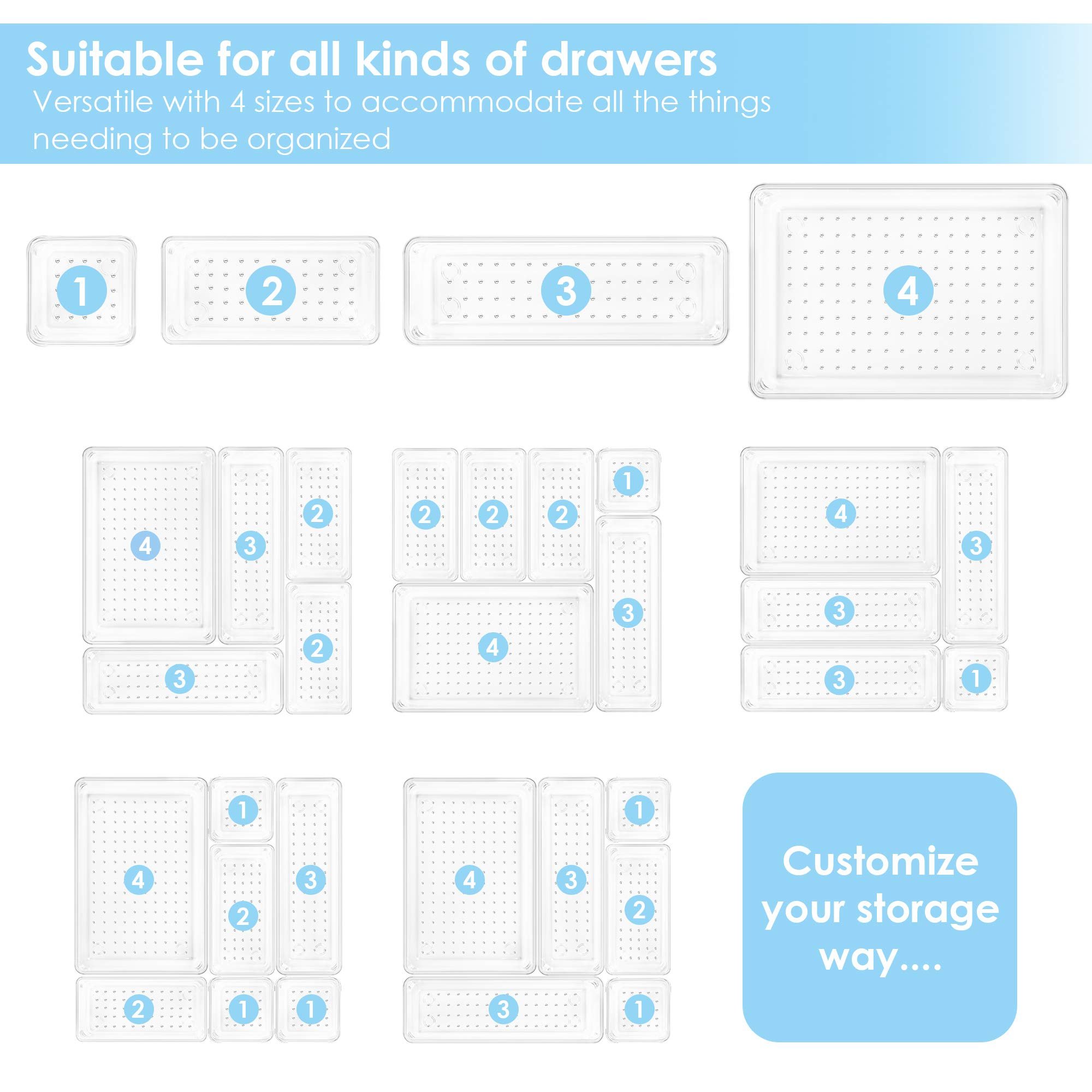 25 PCS Clear Plastic Drawer Organizers Set, 4-Size Versatile Bathroom and Vanity Drawer Organizer Trays, Storage Bins for Makeup