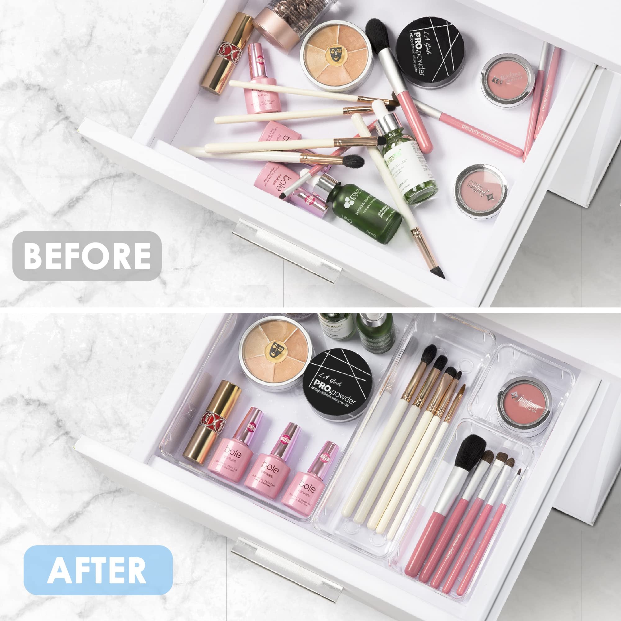 25 PCS Clear Plastic Drawer Organizers Set, 4-Size Versatile Bathroom and Vanity Drawer Organizer Trays, Storage Bins for Makeup