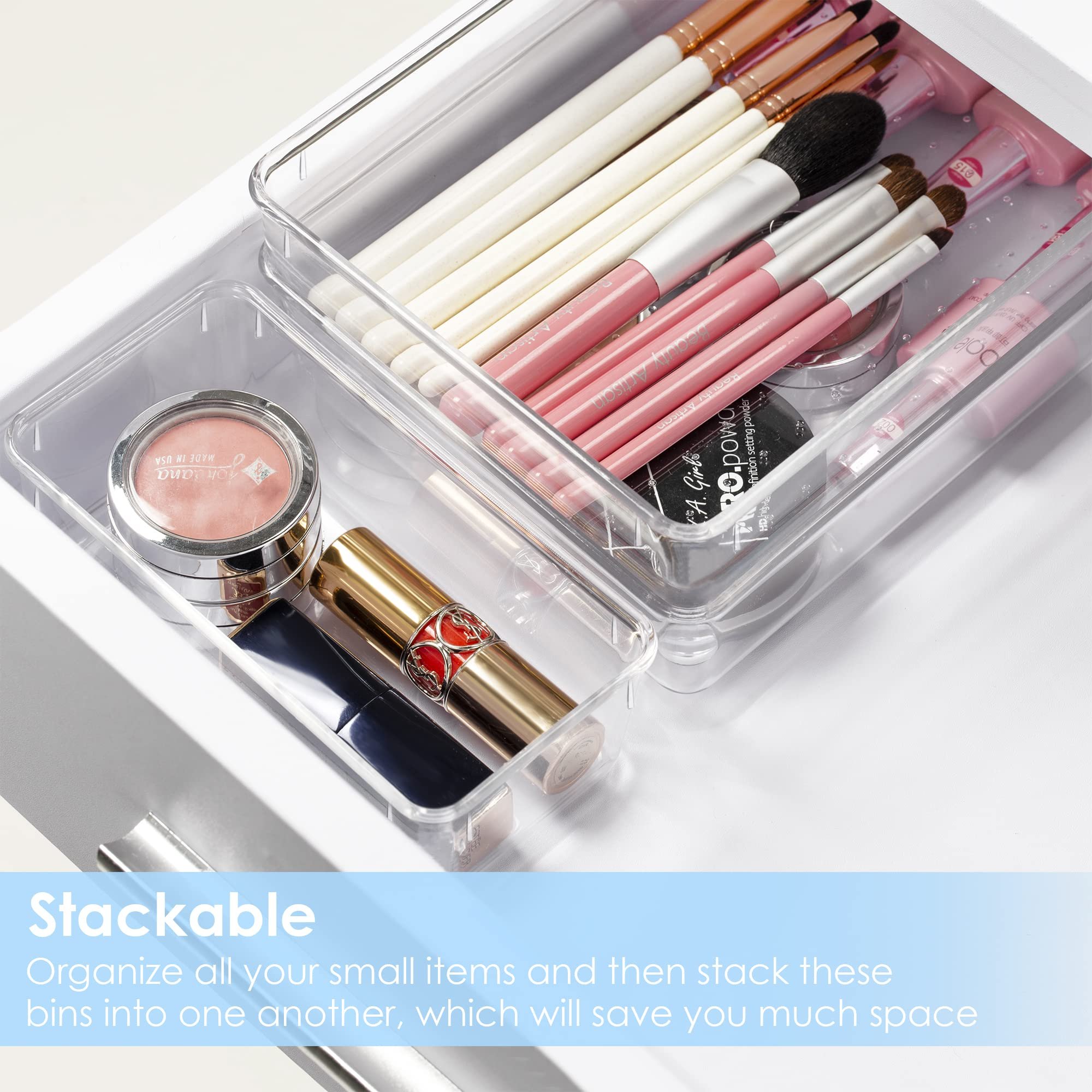 25 PCS Clear Plastic Drawer Organizers Set, 4-Size Versatile Bathroom and Vanity Drawer Organizer Trays, Storage Bins for Makeup