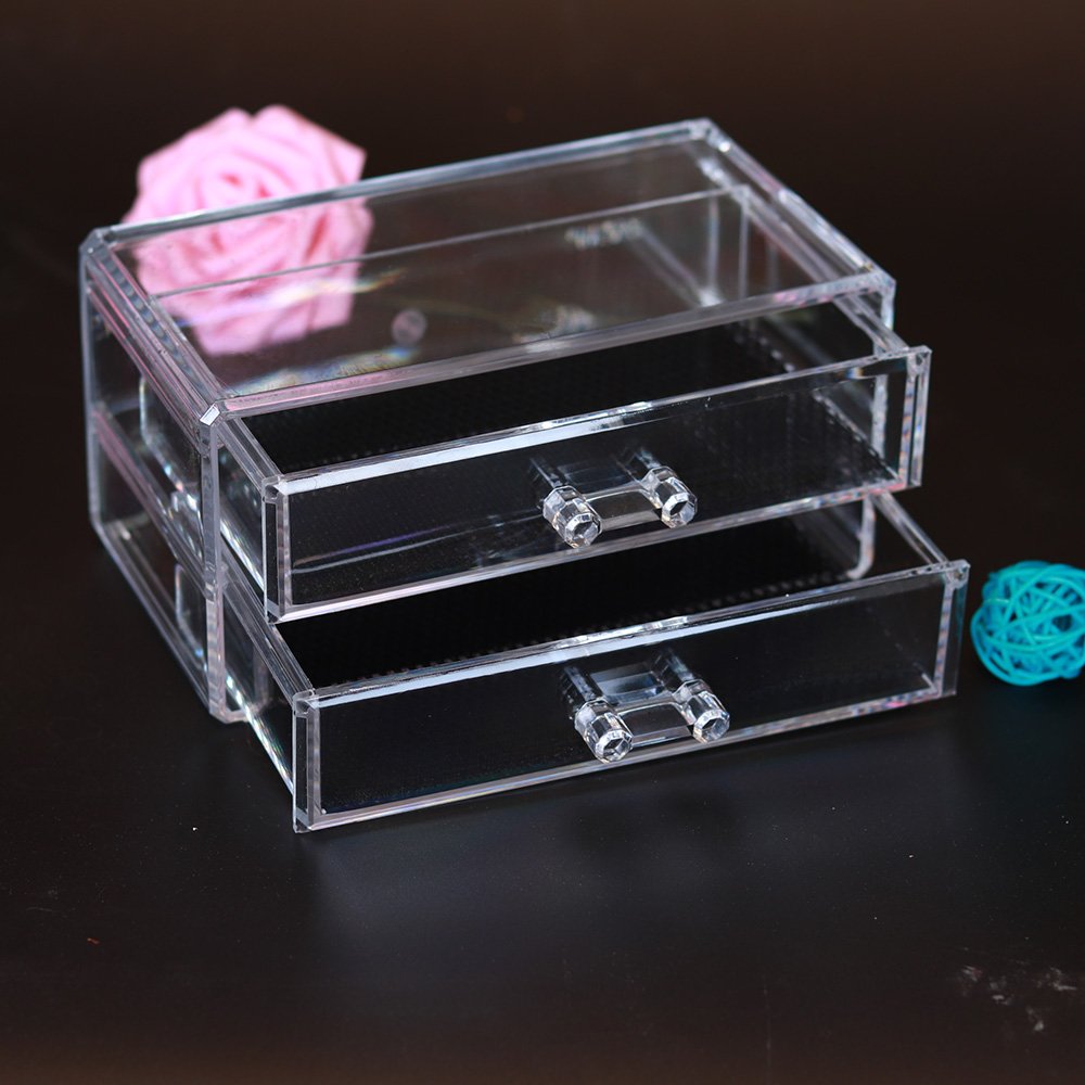 Custom Multi-Layer Clear Acrylic Display Box Cosmetic Tabletop Organizers Stackable Makeup Storage Box With Slide Lid and Drawer