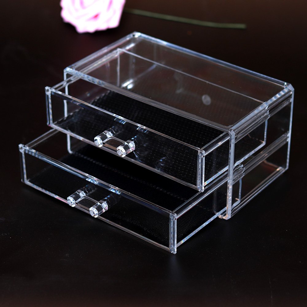 Custom Multi-Layer Clear Acrylic Display Box Cosmetic Tabletop Organizers Stackable Makeup Storage Box With Slide Lid and Drawer