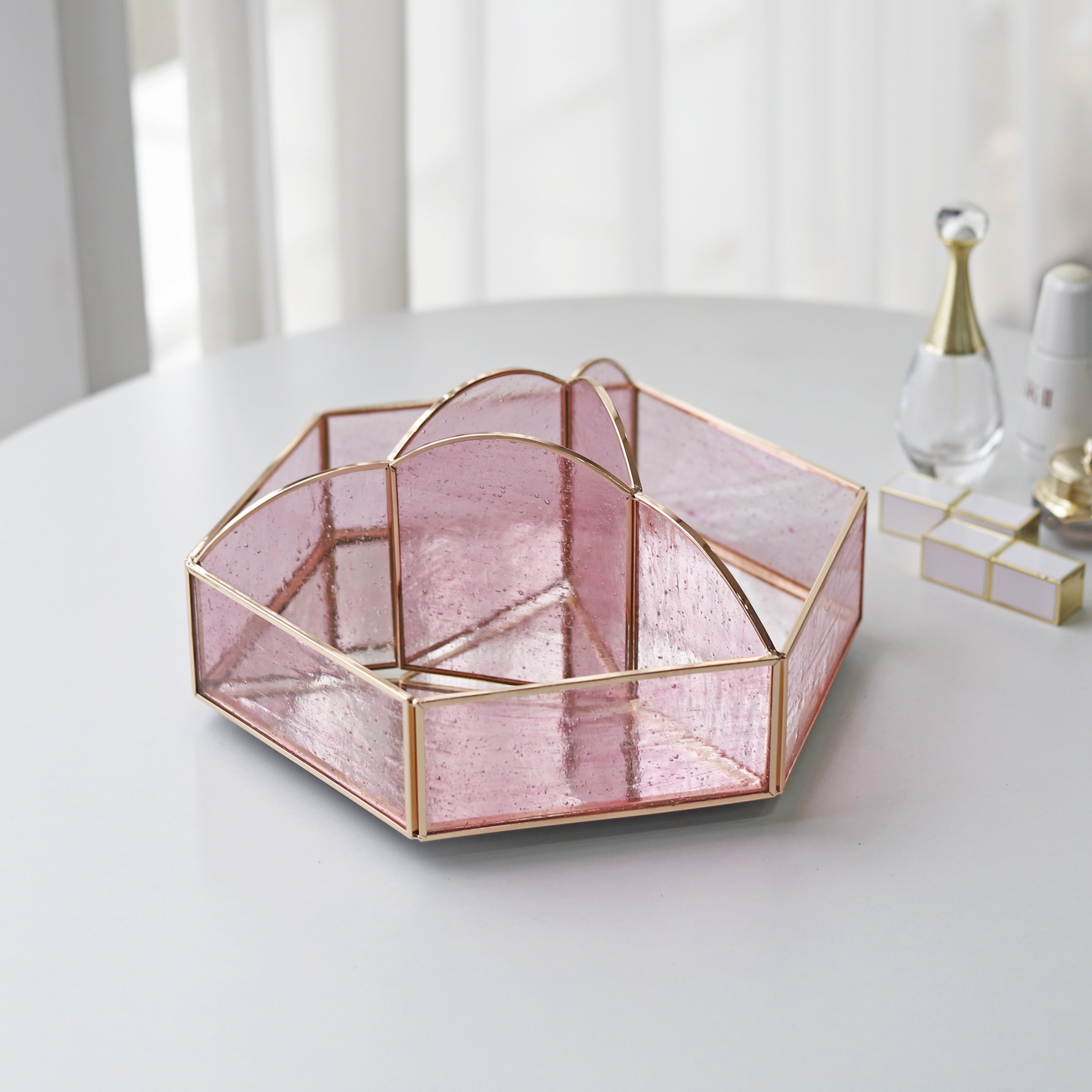 Big Pink Glass Gold Rotating Makeup Organizer Skincare Storage Cosmetic Makeup Box