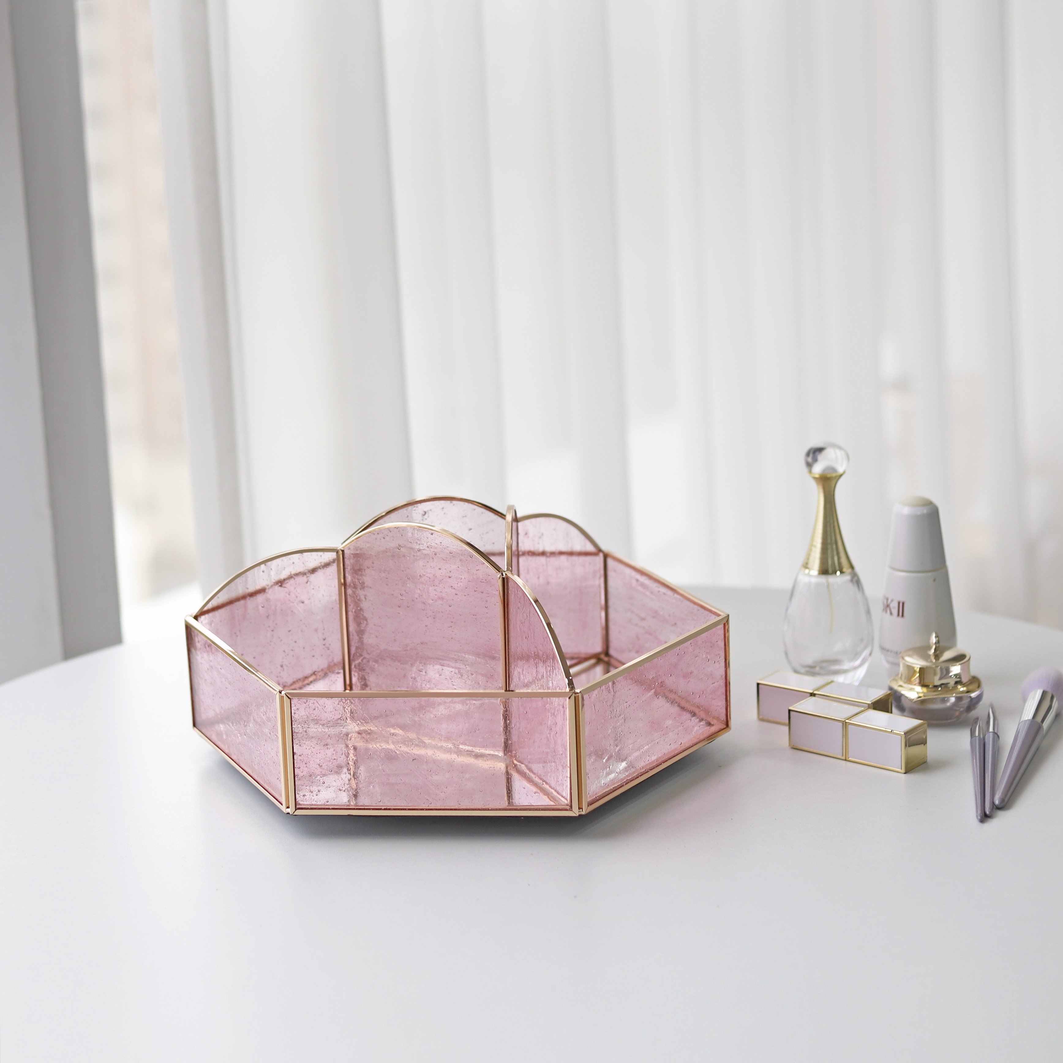 Big Pink Glass Gold Rotating Makeup Organizer Skincare Storage Cosmetic Makeup Box