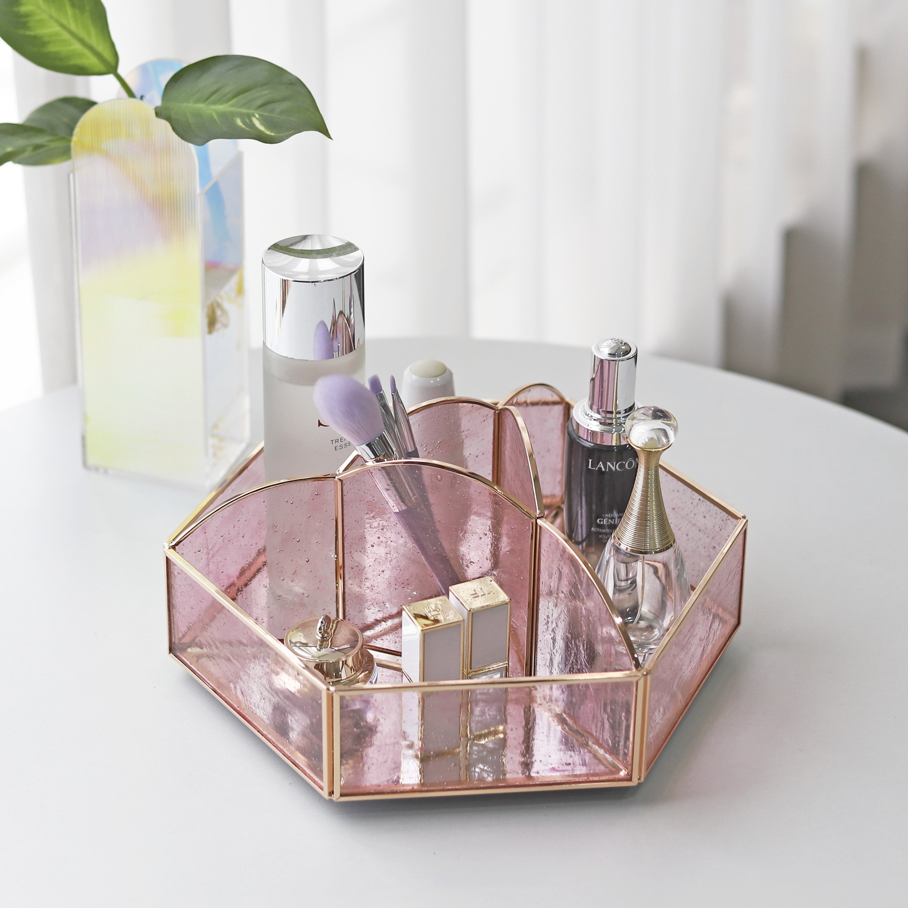 Big Pink Glass Gold Rotating Makeup Organizer Skincare Storage Cosmetic Makeup Box