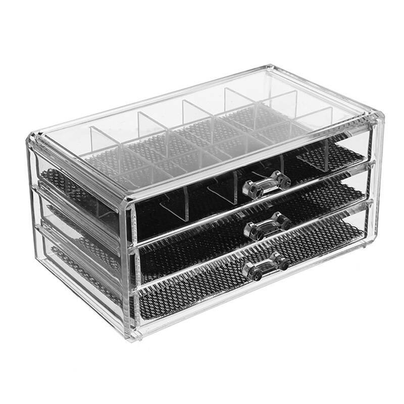 Multifunctional Acrylic Jewelry Storage Box with 3 Flannelette Drawers Plastic Earrings Ring & Magnetic Card Storage