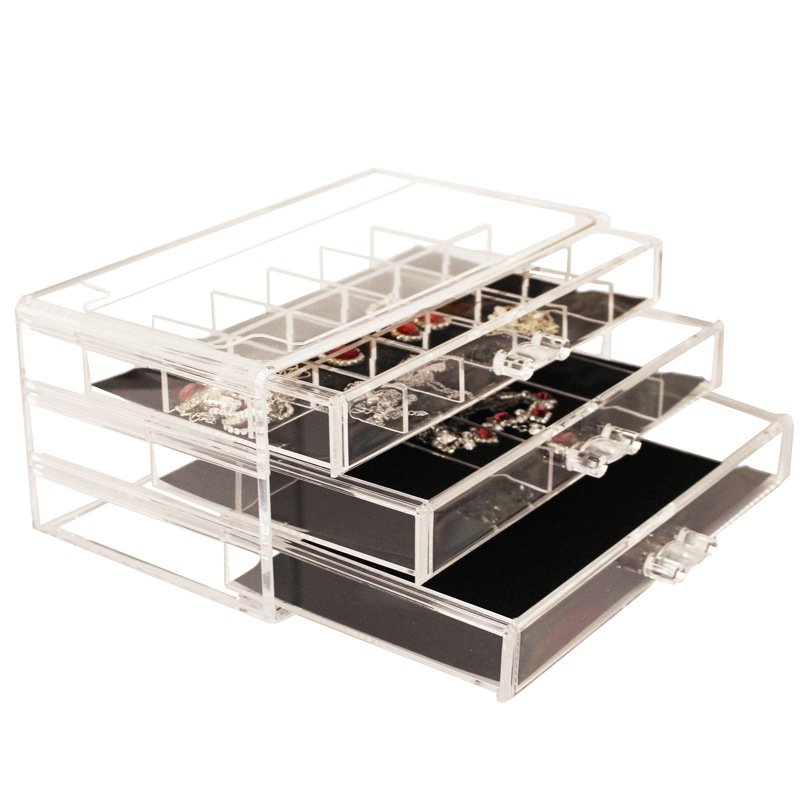 Multifunctional Acrylic Jewelry Storage Box with 3 Flannelette Drawers Plastic Earrings Ring & Magnetic Card Storage