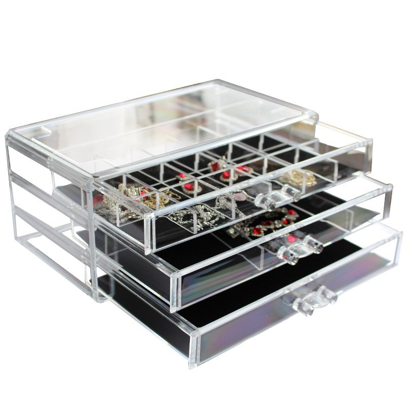 Multifunctional Acrylic Jewelry Storage Box with 3 Flannelette Drawers Plastic Earrings Ring & Magnetic Card Storage