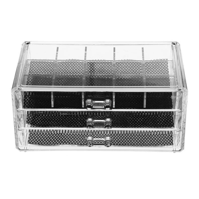 Multifunctional Acrylic Jewelry Storage Box with 3 Flannelette Drawers Plastic Earrings Ring & Magnetic Card Storage