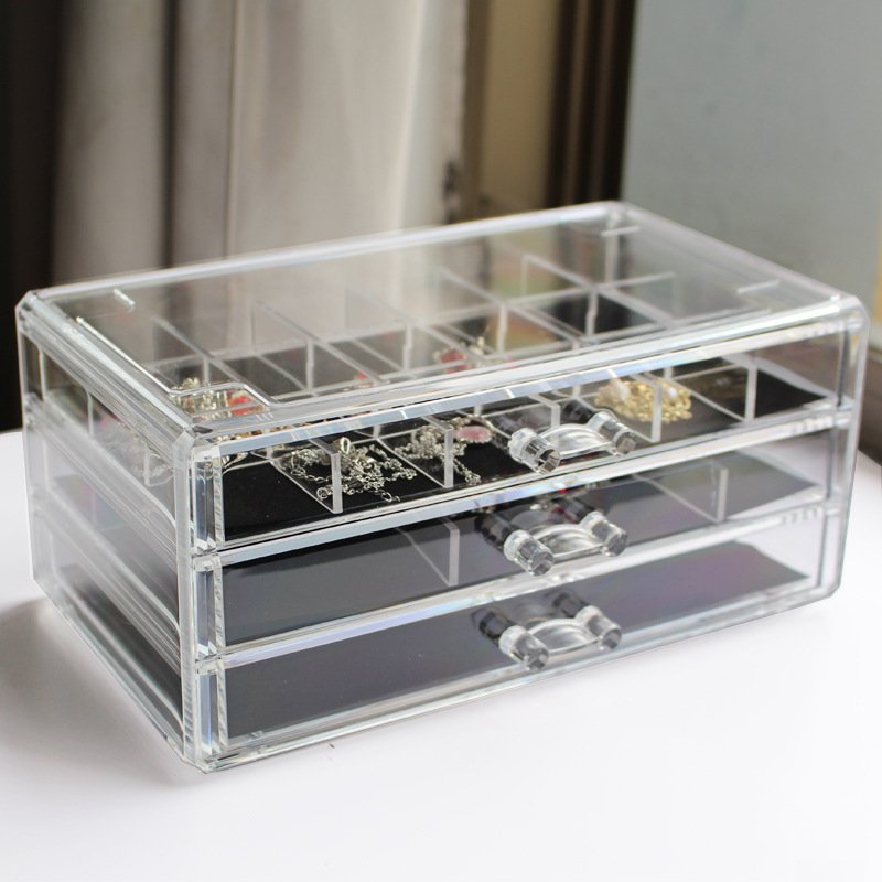 Multifunctional Acrylic Jewelry Storage Box with 3 Flannelette Drawers Plastic Earrings Ring & Magnetic Card Storage