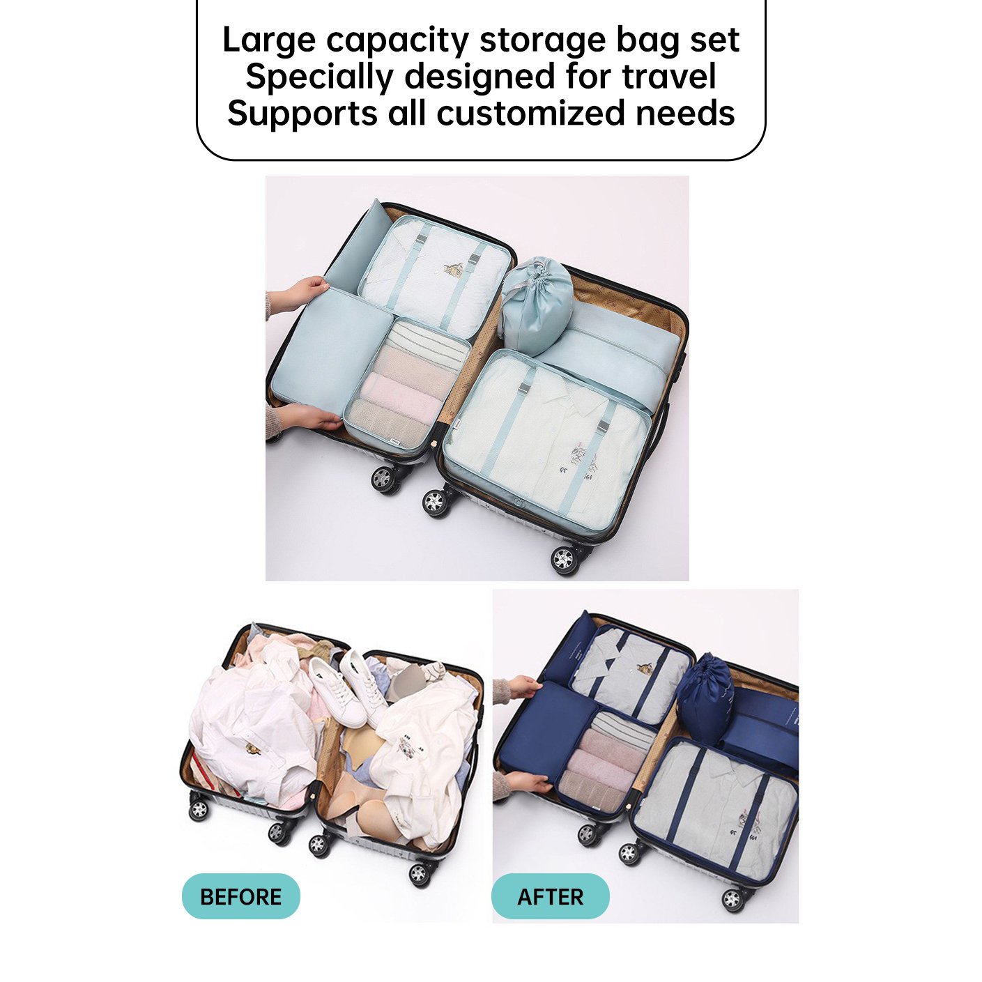 OEM ODM Custom 7Pcs Travel Clothing Portable Bag Set Waterproof Foldable Suitcase Organizer Lightweight Luggage Storage Bag