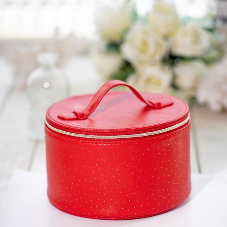 Lightweight portable red pu cover round makeup case organizer with private label