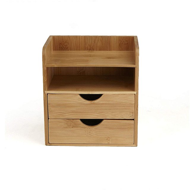 Bamboo Mini Desk Organizer with 2 Drawers & Storage Shelves for Office Jewelry Cleaning Sundries Home Living Room Bathroom Use