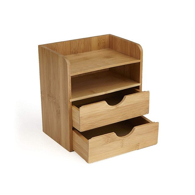 Bamboo Mini Desk Organizer with 2 Drawers & Storage Shelves for Office Jewelry Cleaning Sundries Home Living Room Bathroom Use