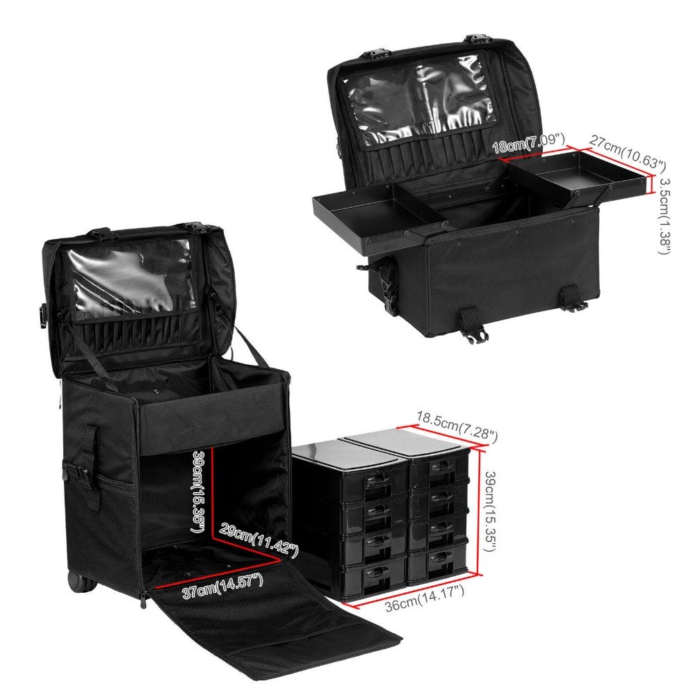 2 in 1 Rolling Makeup Trolley Storage Organizer Cosmetic Case Beauty Artist Bag