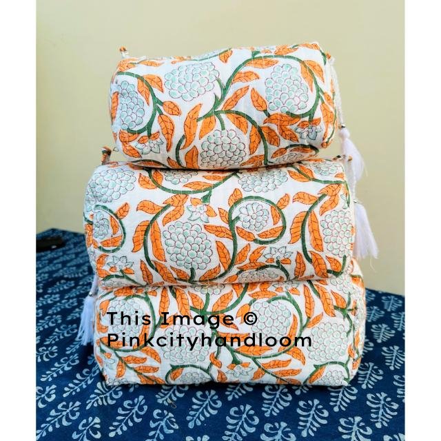 Indian Quilted Cosmetic Organizer Handmade Block Printed Toiletry pouch Makeup Accessory Women Shopping Shoulder Pouch