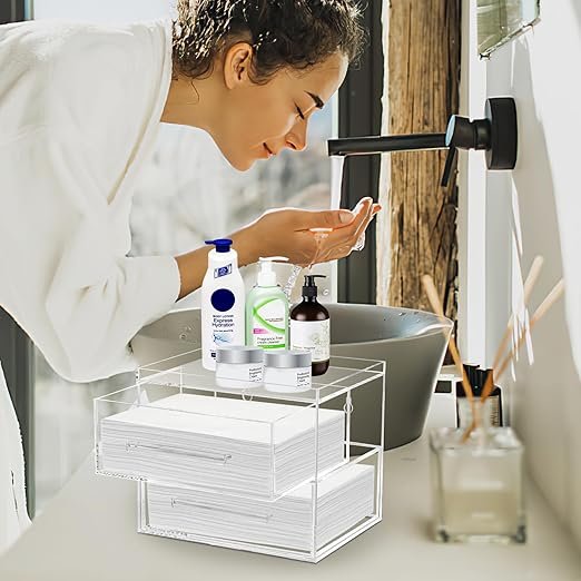 Disposable Face Towel Storage Box Clear Acrylic Two-Drawer Wall-Mountable Makeup Organizer Clean Skin Club Clean Towel Holder