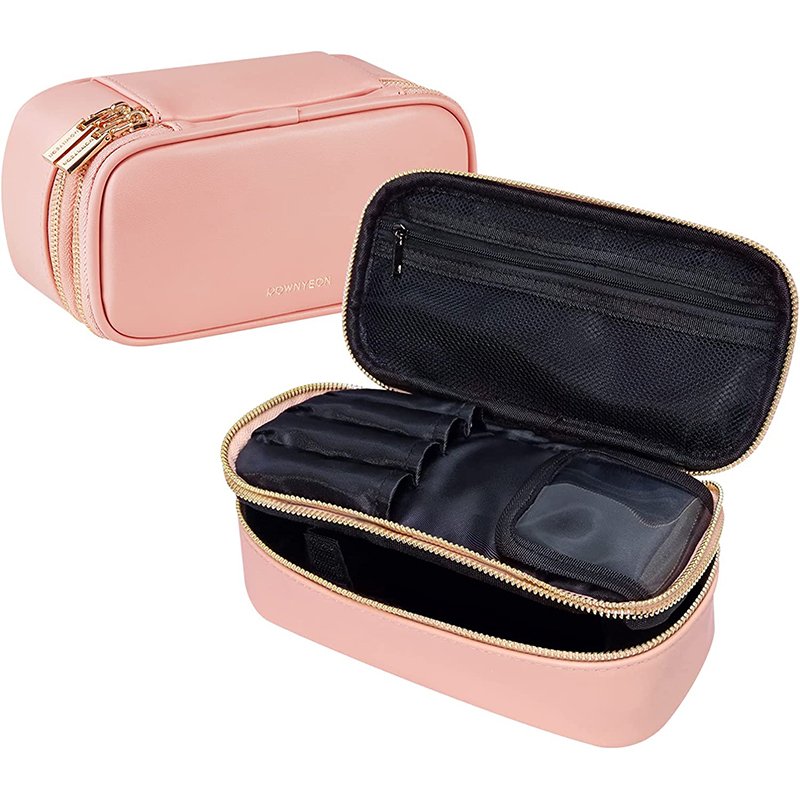 Rownyeon Custom Logo Double Pink Color PU Leather Makeup Bag Organizer Makeup Brushes Case For Sale