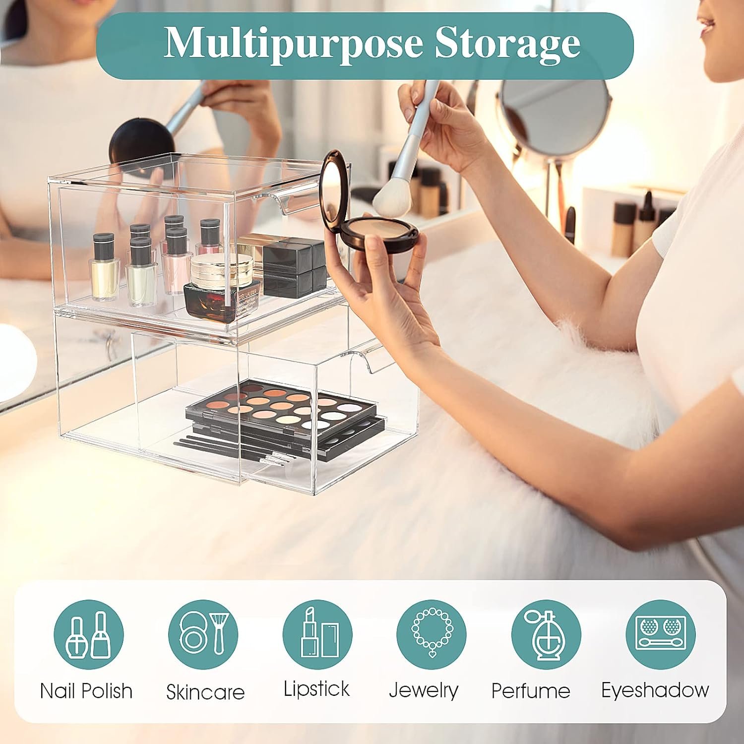 2 Pack Stackable Acrylic Makeup Organizer and Storage,Clear Storage Drawer for Vanity, Undersink, Kitchen Cabinets, Pantry