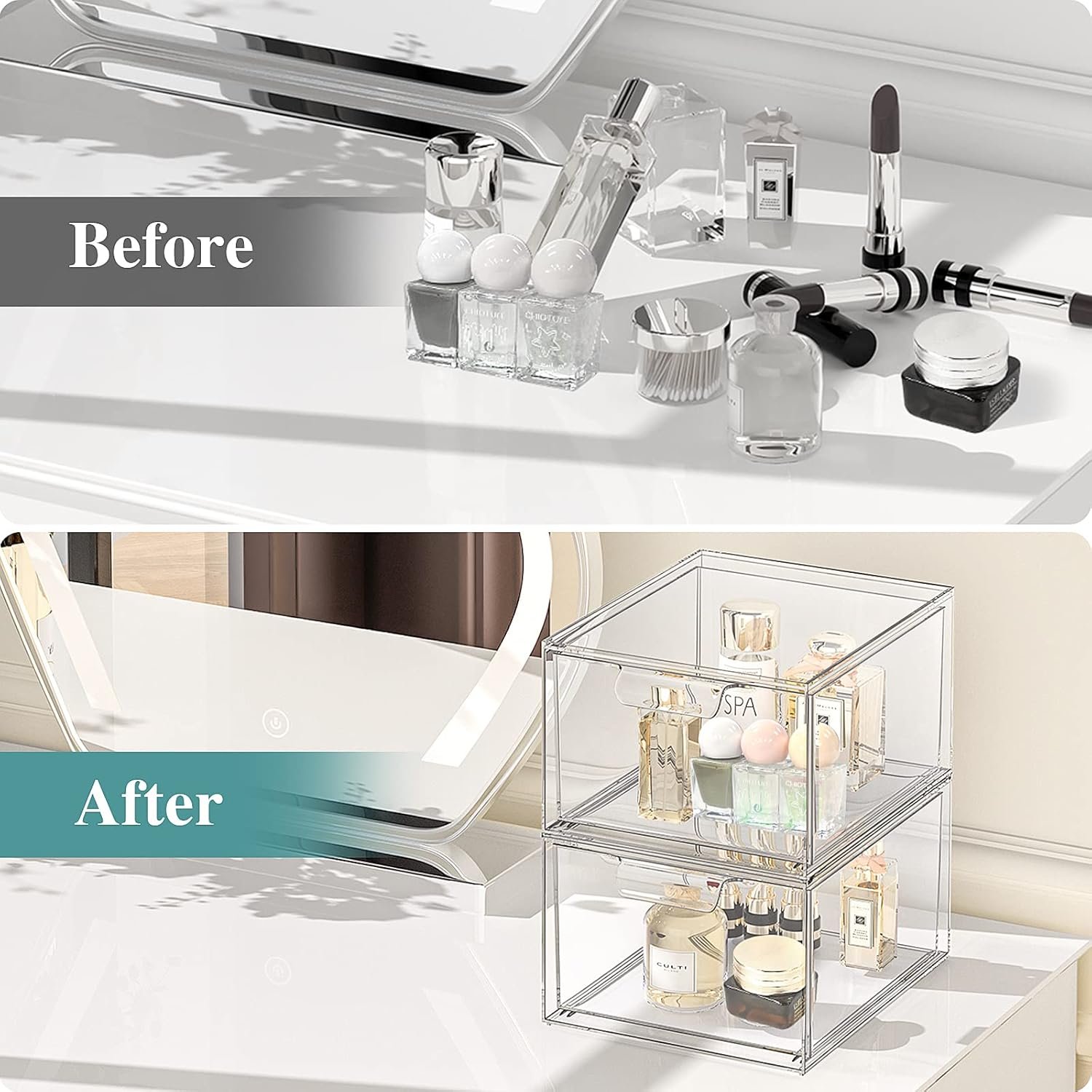 2 Pack Stackable Acrylic Makeup Organizer and Storage,Clear Storage Drawer for Vanity, Undersink, Kitchen Cabinets, Pantry