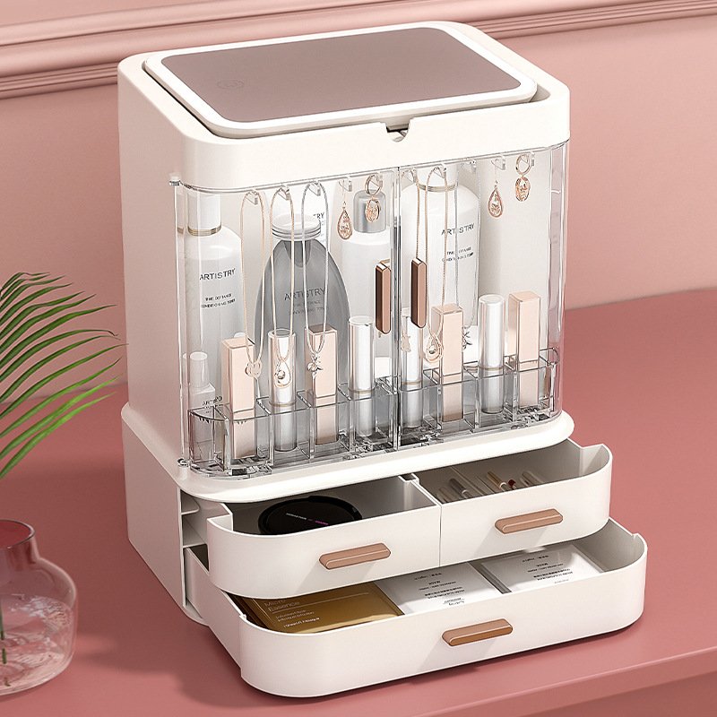 Bathroom Vanity Large Cosmetic Storage Box Dustproof Makeup Organize with LED Light Mirror & 3 Drawers Luxury Skincare Bins