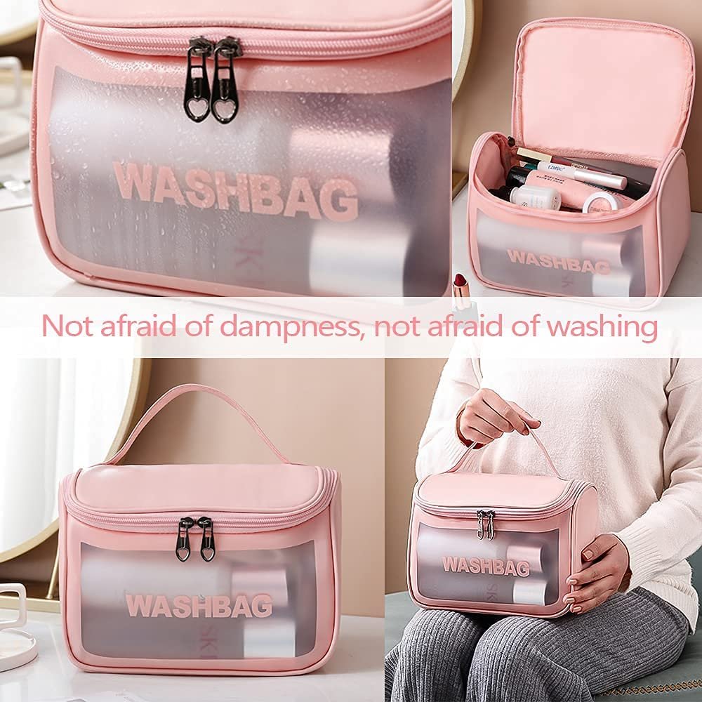 Clear Makeup Pouch Cosmetic Bag Thick PVC Zippered Toiletry Waterproof Makeup bag for Vacation Bathroom and Organizing(pink)