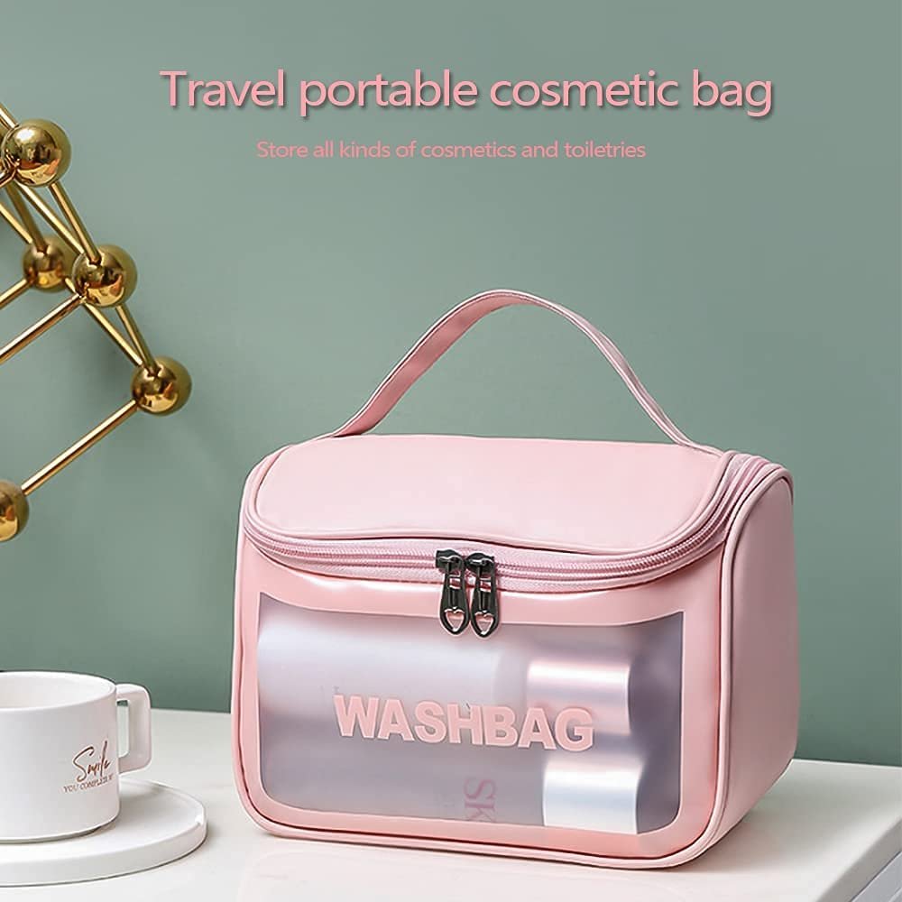 Clear Makeup Pouch Cosmetic Bag Thick PVC Zippered Toiletry Waterproof Makeup bag for Vacation Bathroom and Organizing(pink)