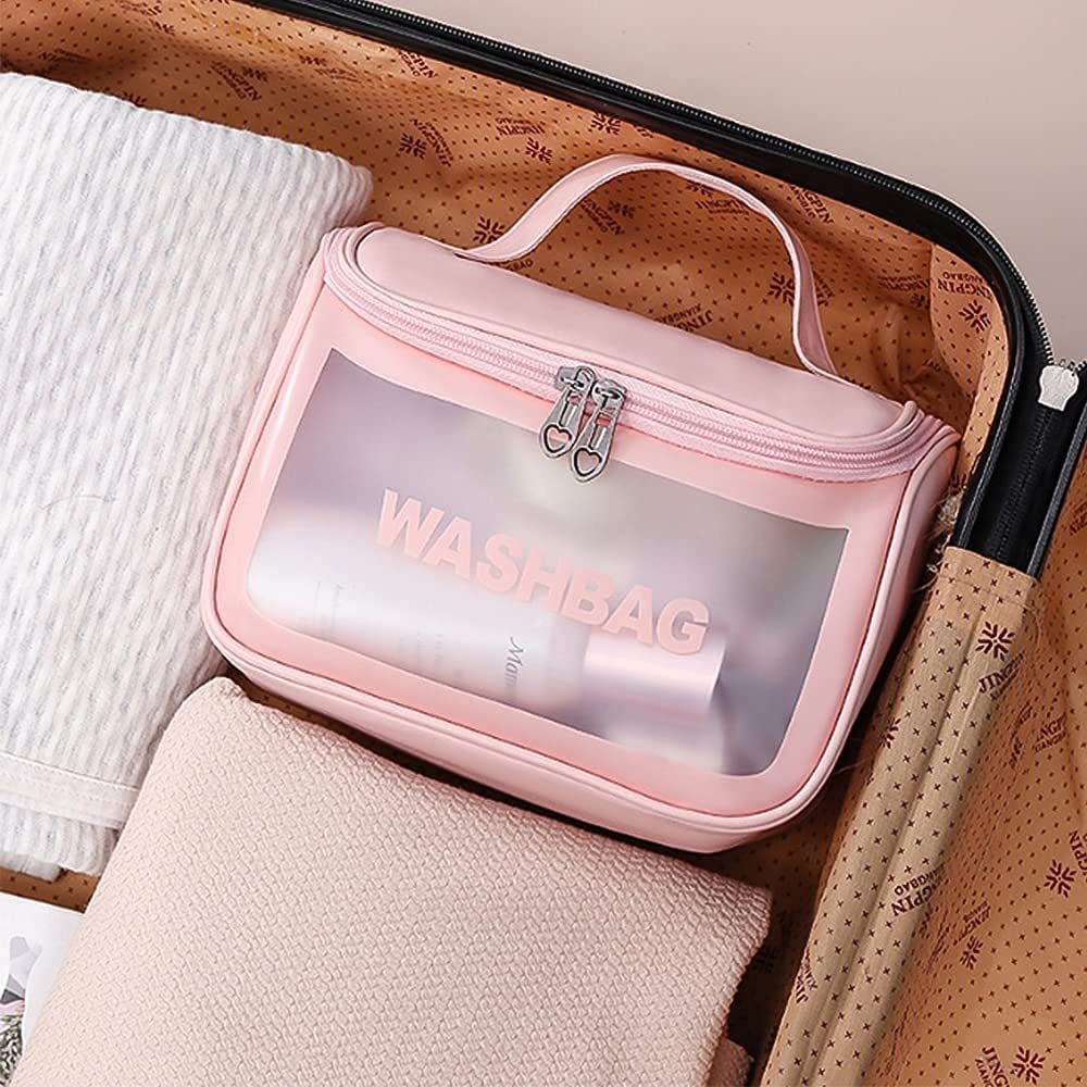 Clear Makeup Pouch Cosmetic Bag Thick PVC Zippered Toiletry Waterproof Makeup bag for Vacation Bathroom and Organizing(pink)