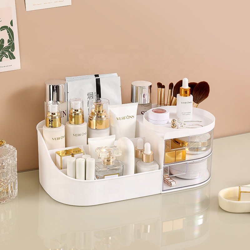 Make Up Organizer Stands Bathroom Display Cases Desktop Skincare Cosmetic Holder Rack Makeup Storage Box with Led Lighted Mirror
