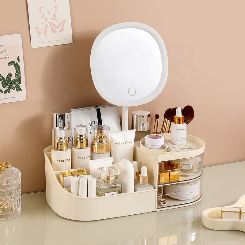 Make Up Organizer Stands Bathroom Display Cases Desktop Skincare Cosmetic Holder Rack Makeup Storage Box with Led Lighted Mirror