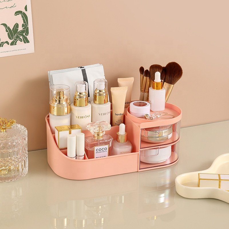 Make Up Organizer Stands Bathroom Display Cases Desktop Skincare Cosmetic Holder Rack Makeup Storage Box with Led Lighted Mirror