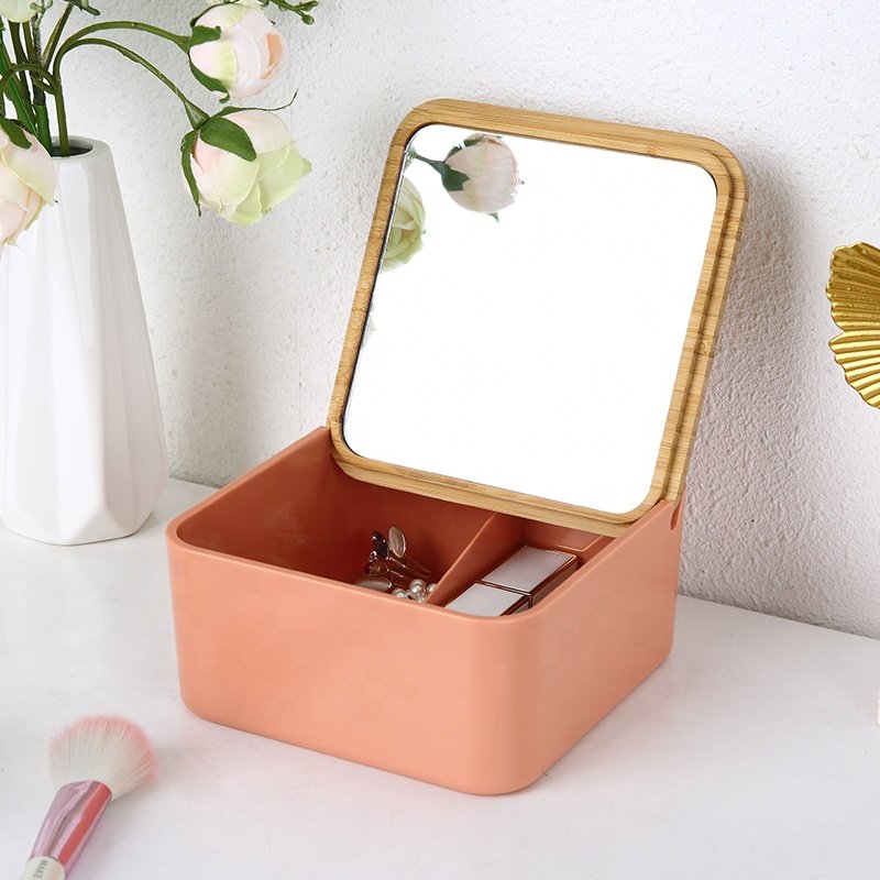 Creative House bamboo lid cosmetic organiser facial make up case storage box small plastic makeup organizer with mirror