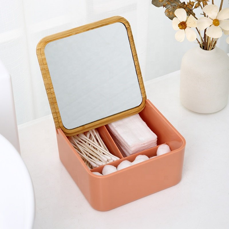 Creative House bamboo lid cosmetic organiser facial make up case storage box small plastic makeup organizer with mirror