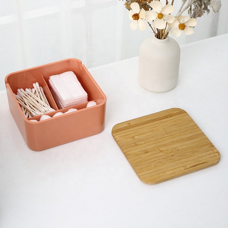 Creative House bamboo lid cosmetic organiser facial make up case storage box small plastic makeup organizer with mirror