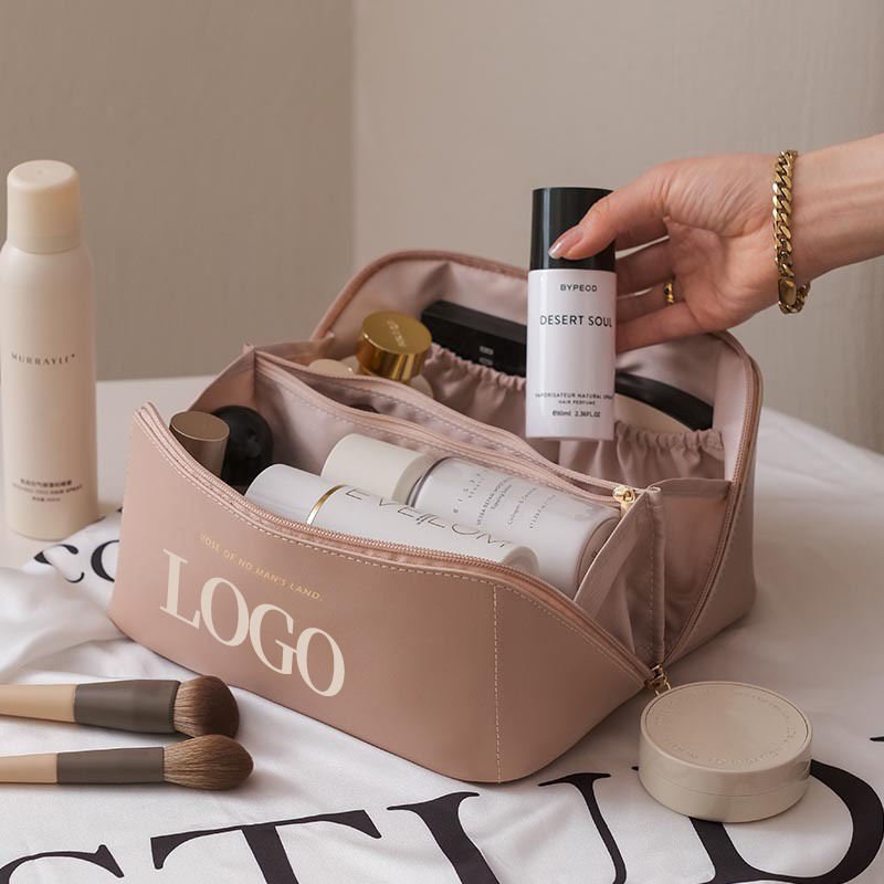 new bride large capacity beige genuine leather luxury casual pillow wash toiletry pouch makeup cosmetic bag for women ladies