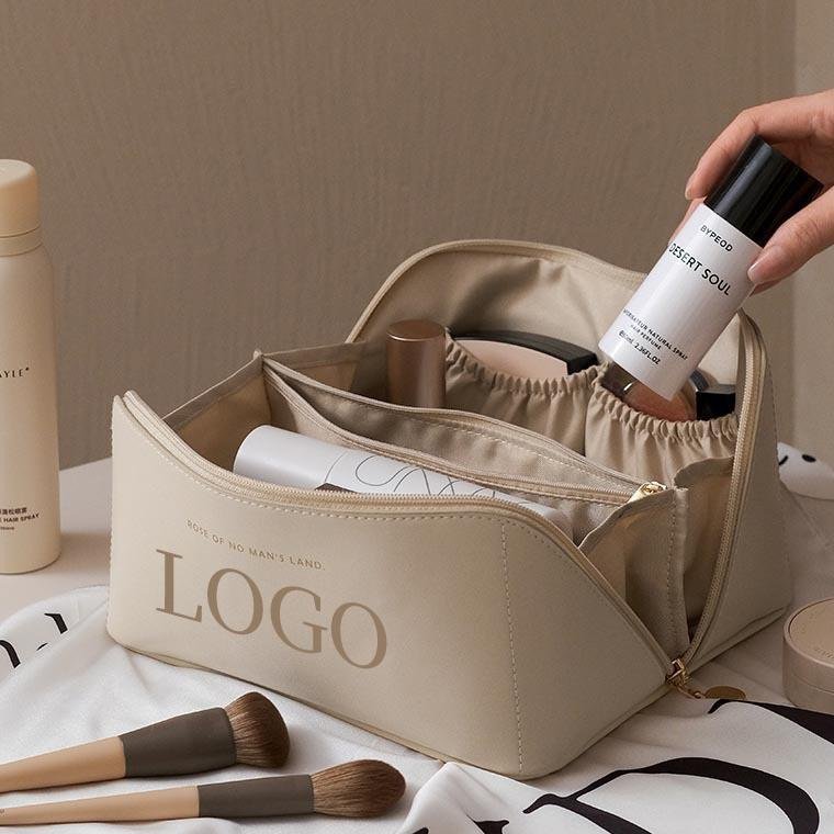 new bride large capacity beige genuine leather luxury casual pillow wash toiletry pouch makeup cosmetic bag for women ladies