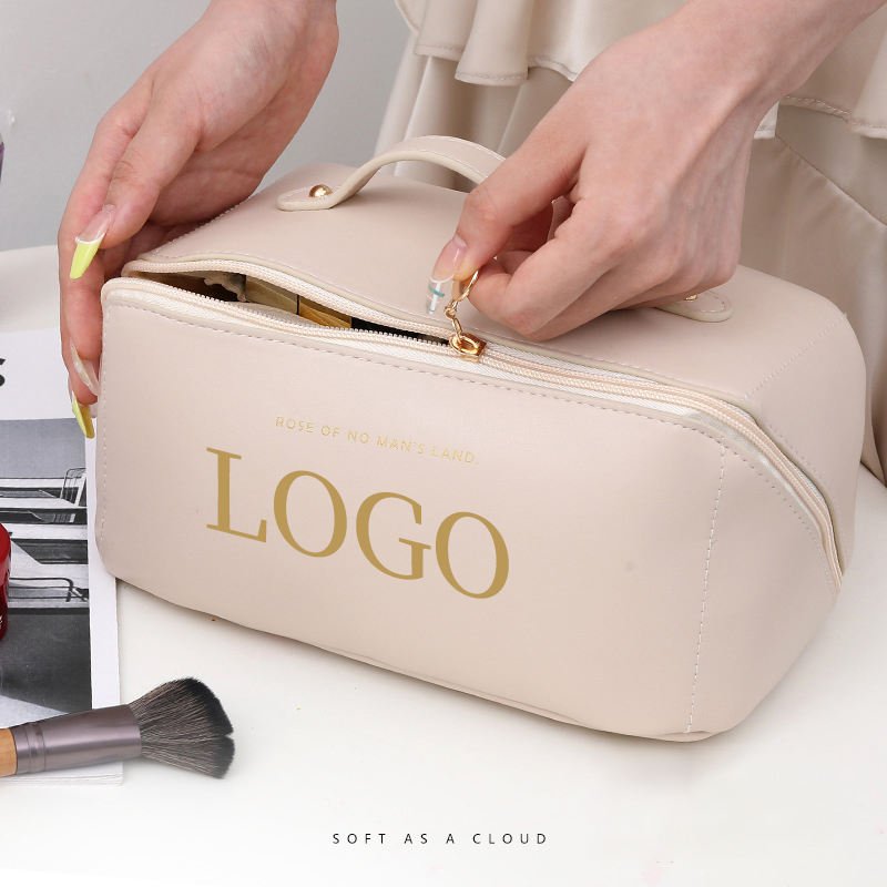 new bride large capacity beige genuine leather luxury casual pillow wash toiletry pouch makeup cosmetic bag for women ladies